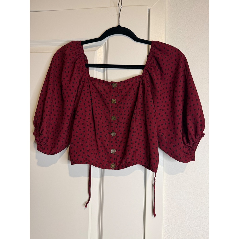Burgundy Polka Dot Puff Sleeve Crop Top Square Neck Smocked Back Blouse